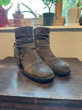 Born Gray Suede Slouch Ankle Boots with Tassel Wrap